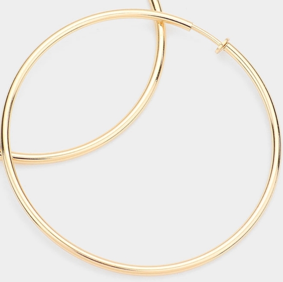 Gold Clip On Big Hoop Earrings Casual Simple 3.2 Oversized Metal - Picture 3 of 3